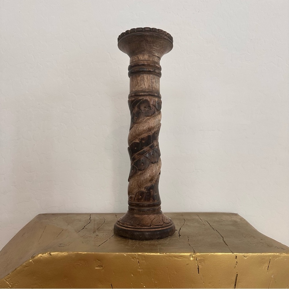 Carved Wood Pillar Candle Holder
